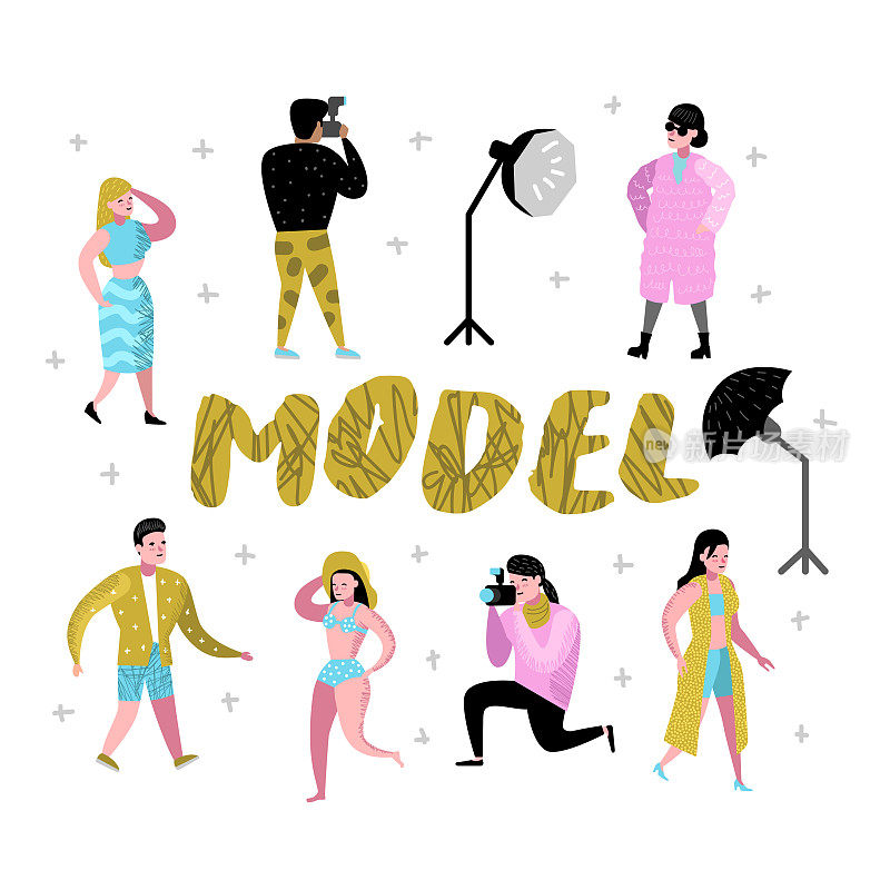 Photo Studio character Set with Photographer and Models。摄影器材和摆姿势的女性模特